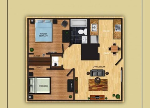 Two Bedroom One Bathroom floor plan at San Simeon Apartments in Tucson AZ
